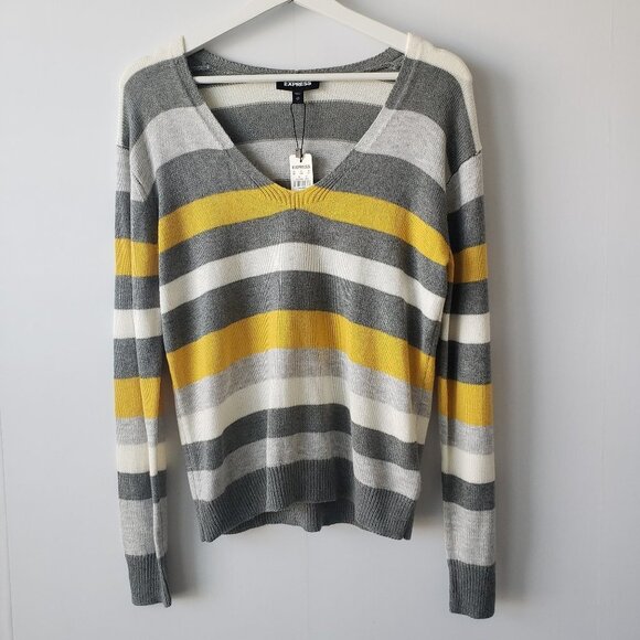 express grey white & yellow striped v-neck sweater szie XS - Picture 1 of 6
